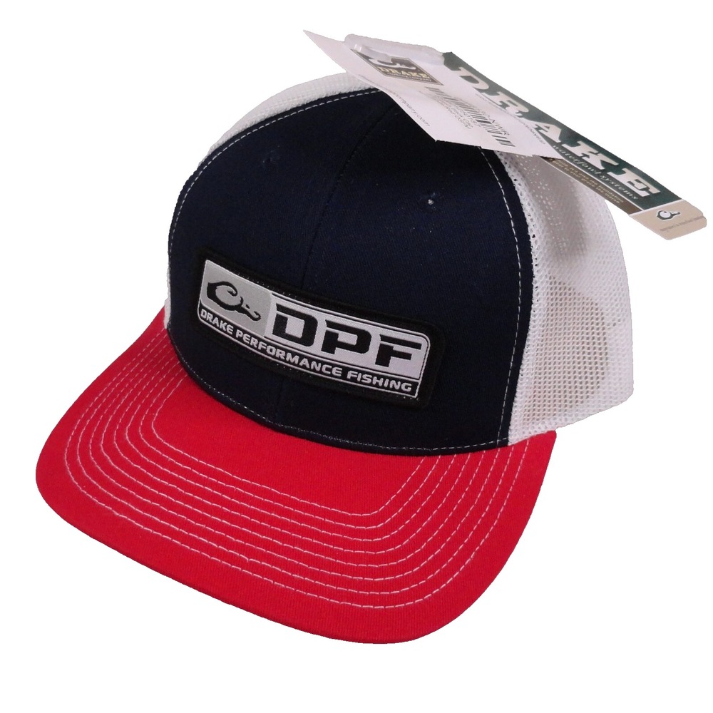 Drake Performance Fishing Hat Cap Snapback Trucker DPF Logo Red White Blue NWT